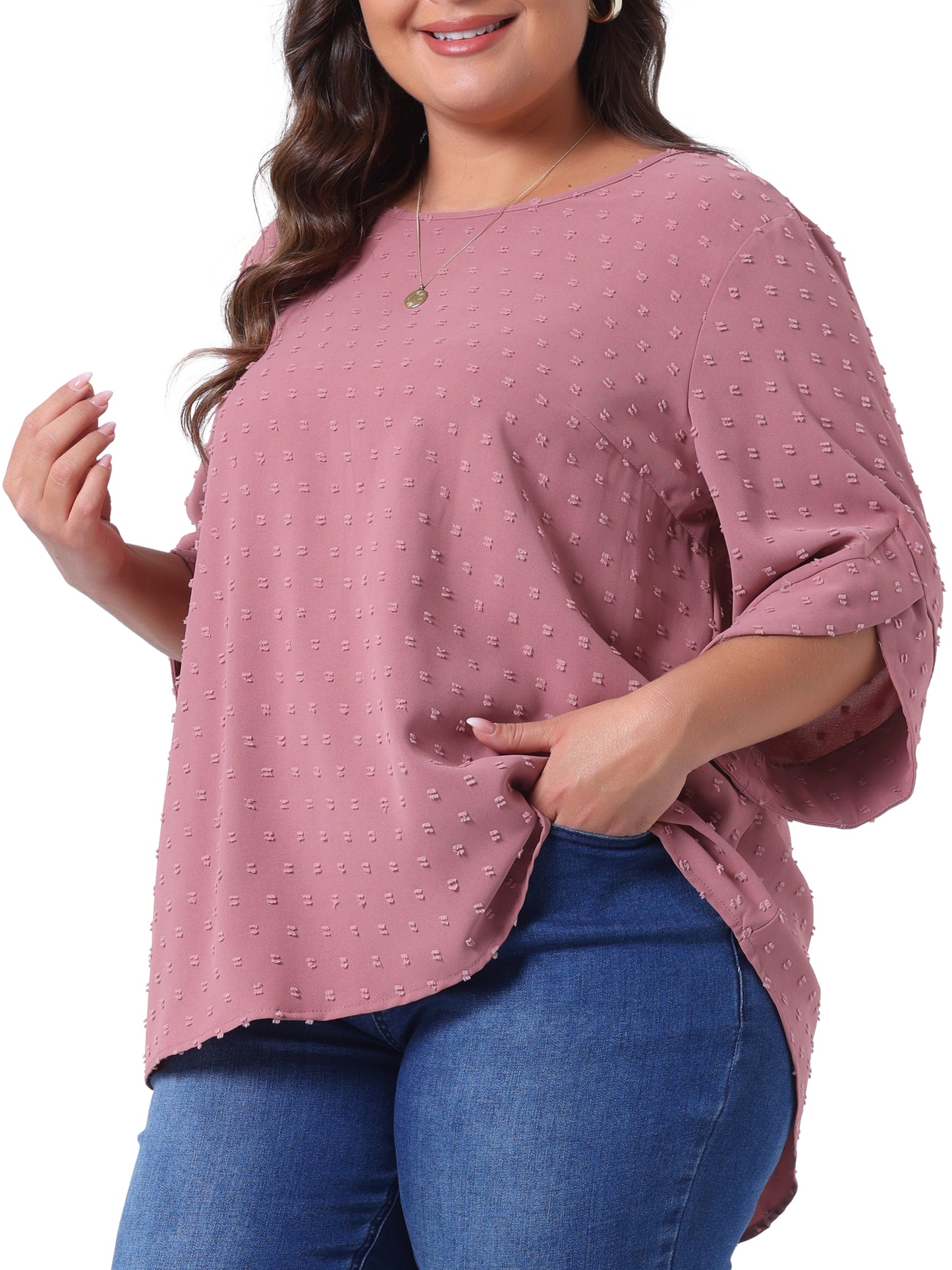 Women Plus Size Round Neck Petal Sleeve Swiss Dots Blouse Casual Summer Top