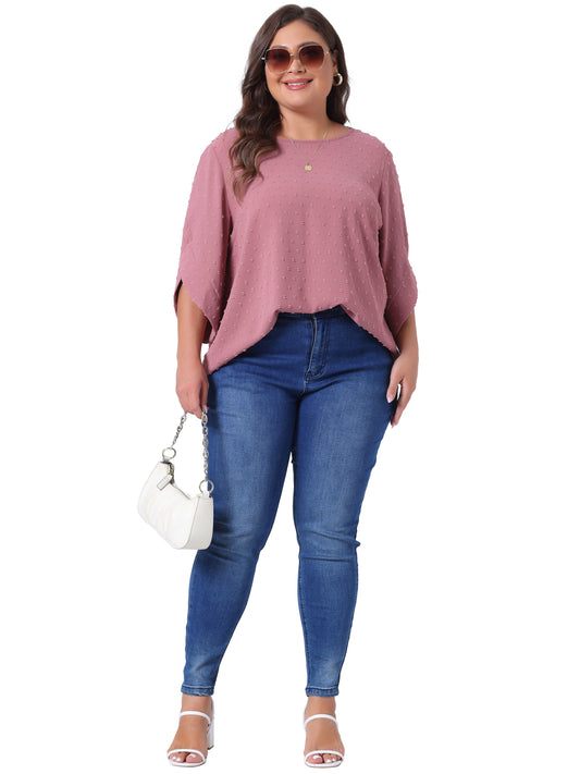 Women Plus Size Round Neck Petal Sleeve Swiss Dots Blouse Casual Summer Top