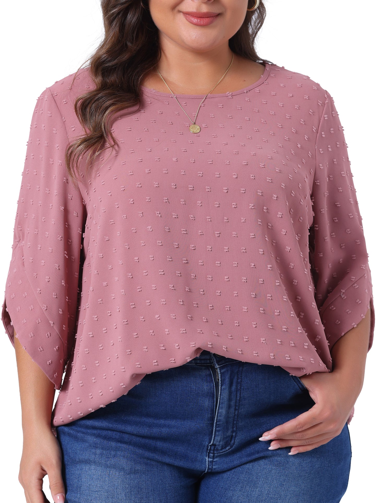 Women Plus Size Round Neck Petal Sleeve Swiss Dots Blouse Casual Summer Top