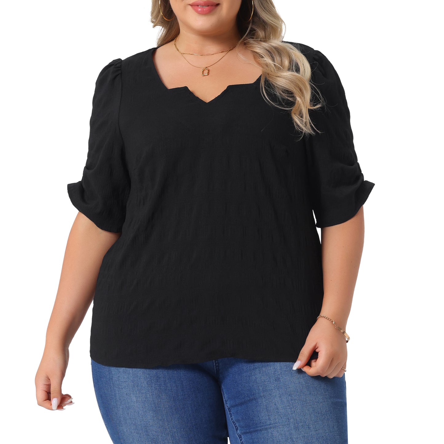Women Plus Size Top Textured Notched V Neck Short Sleeve Summer Blouse