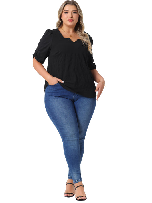 Women Plus Size Top Textured Notched V Neck Short Sleeve Summer Blouse