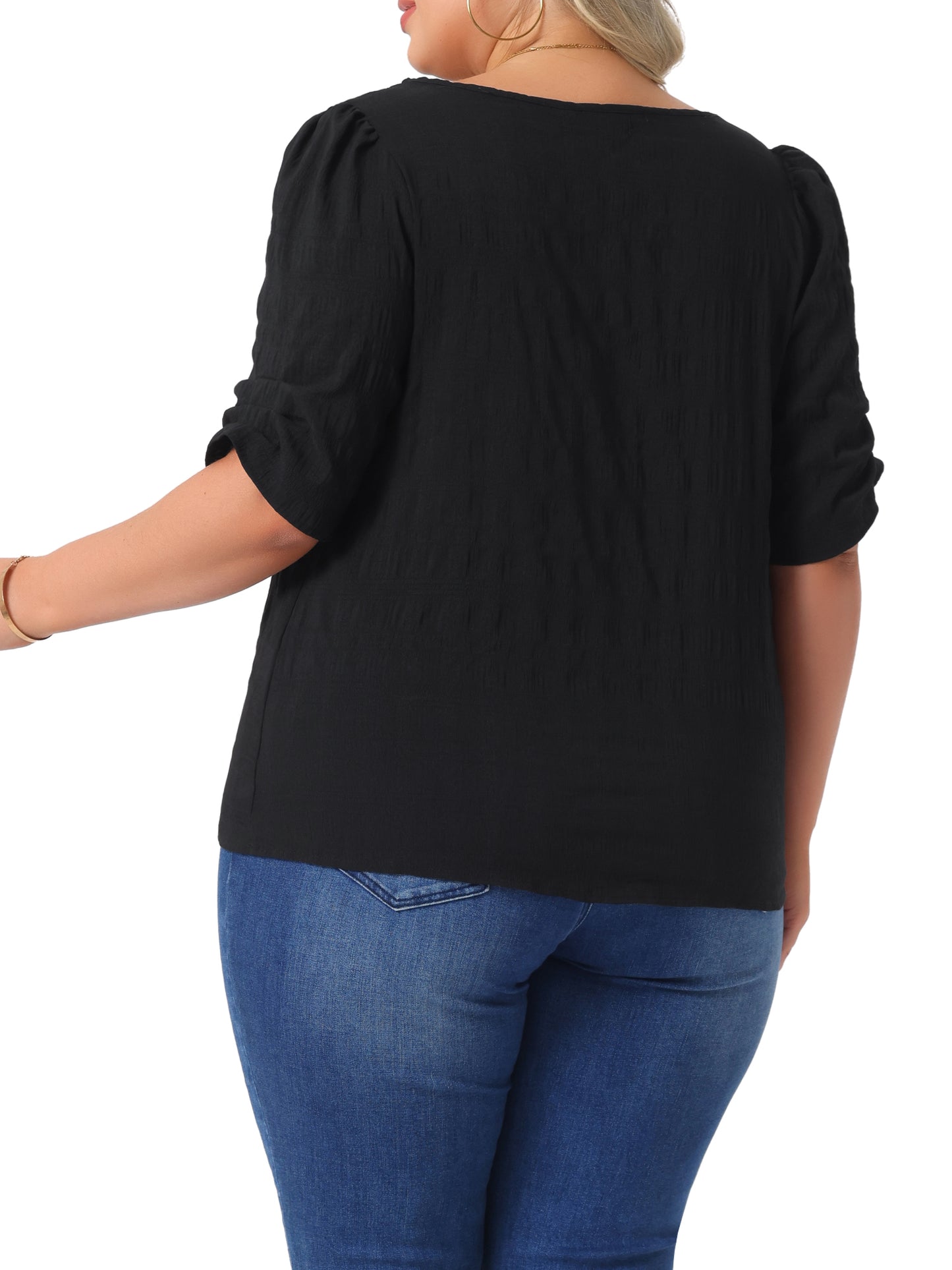 Women Plus Size Top Textured Notched V Neck Short Sleeve Summer Blouse