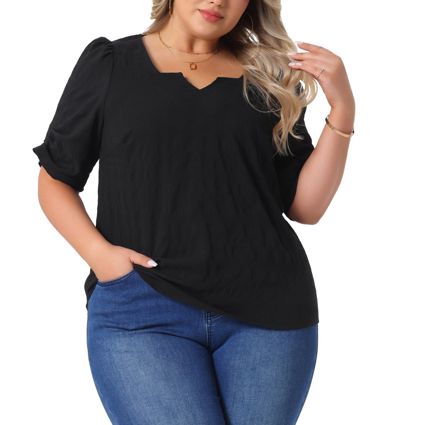 Women Plus Size Top Textured Notched V Neck Short Sleeve Summer Blouse
