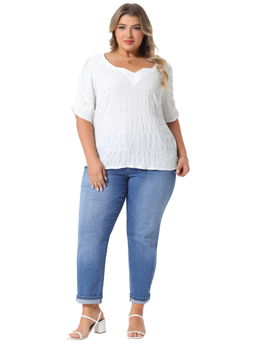 Women Plus Size Top Textured Notched V Neck Short Sleeve Summer Blouse
