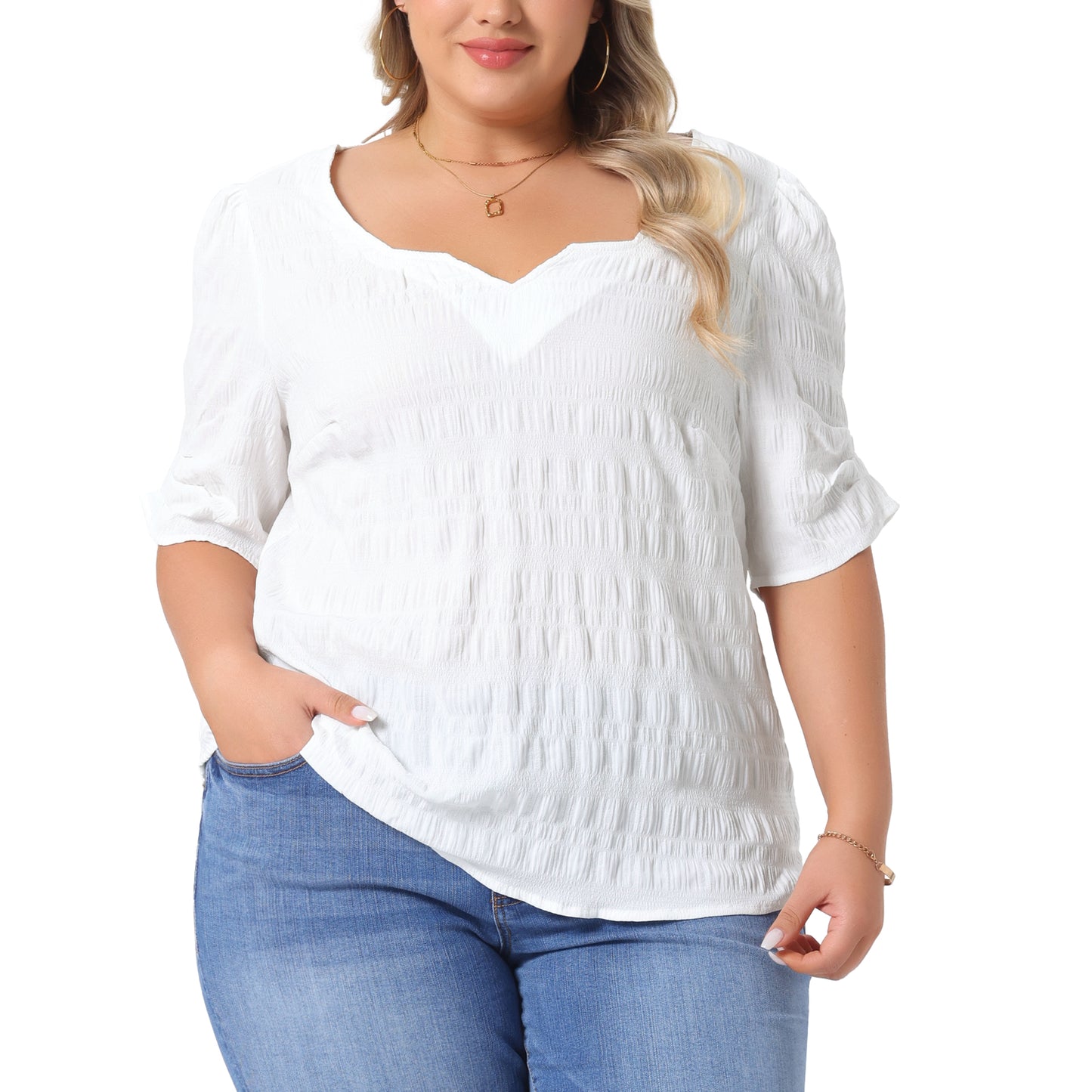 Women Plus Size Top Textured Notched V Neck Short Sleeve Summer Blouse