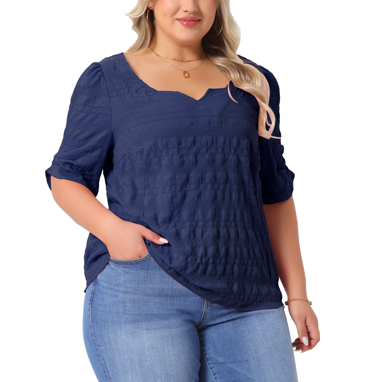 Women Plus Size Top Textured Notched V Neck Short Sleeve Summer Blouse