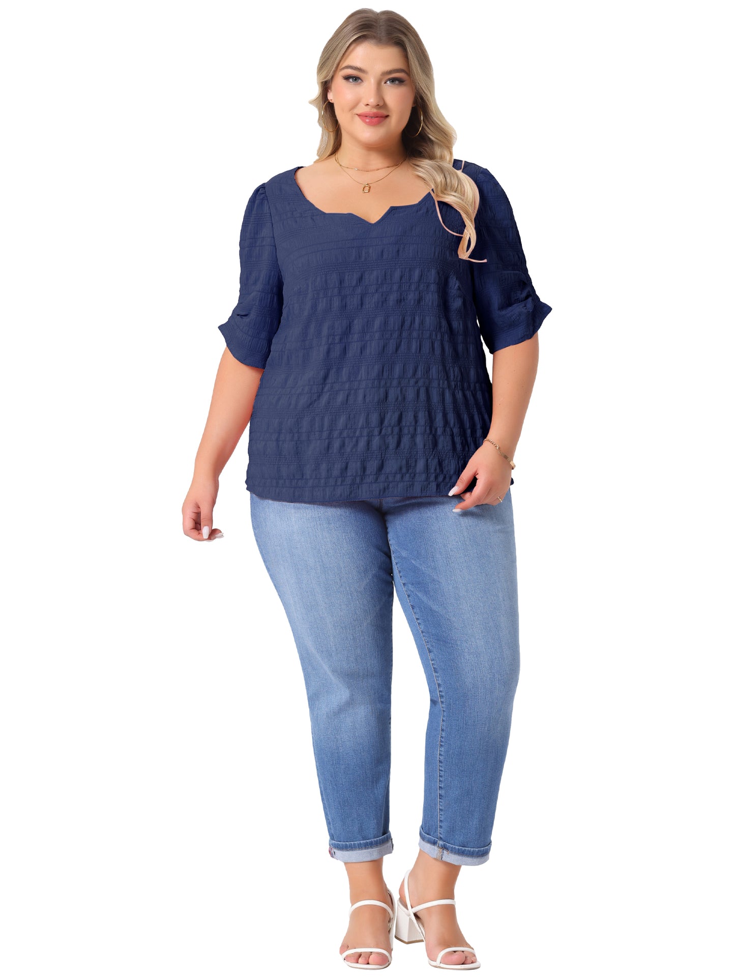 Women Plus Size Top Textured Notched V Neck Short Sleeve Summer Blouse