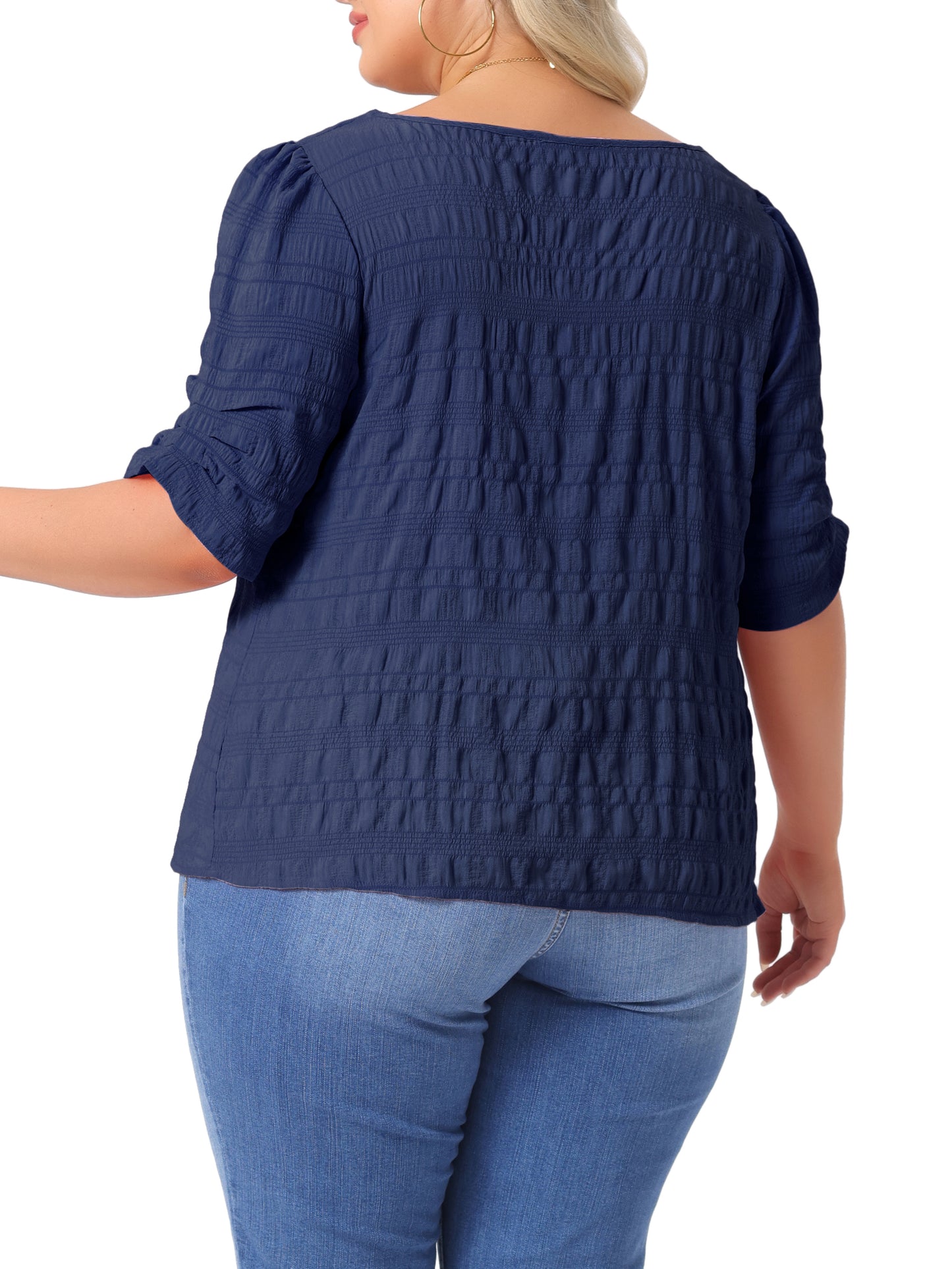 Women Plus Size Top Textured Notched V Neck Short Sleeve Summer Blouse
