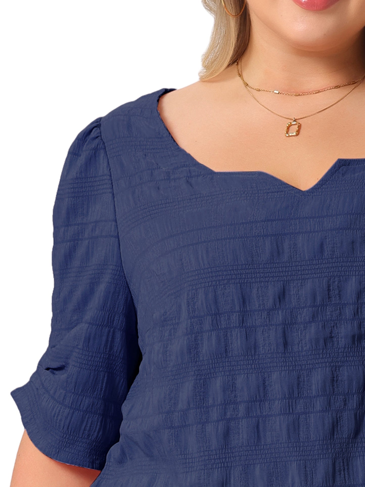 Women Plus Size Top Textured Notched V Neck Short Sleeve Summer Blouse