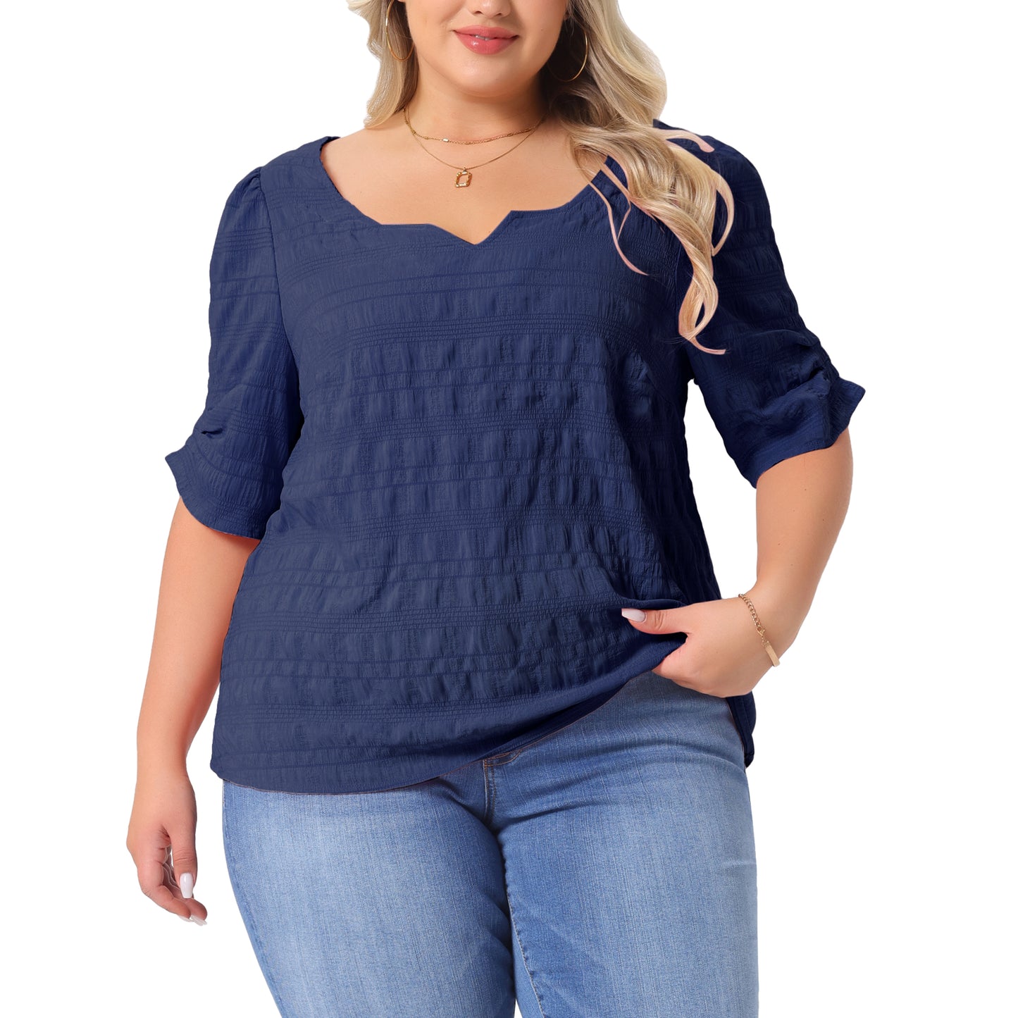 Women Plus Size Top Textured Notched V Neck Short Sleeve Summer Blouse