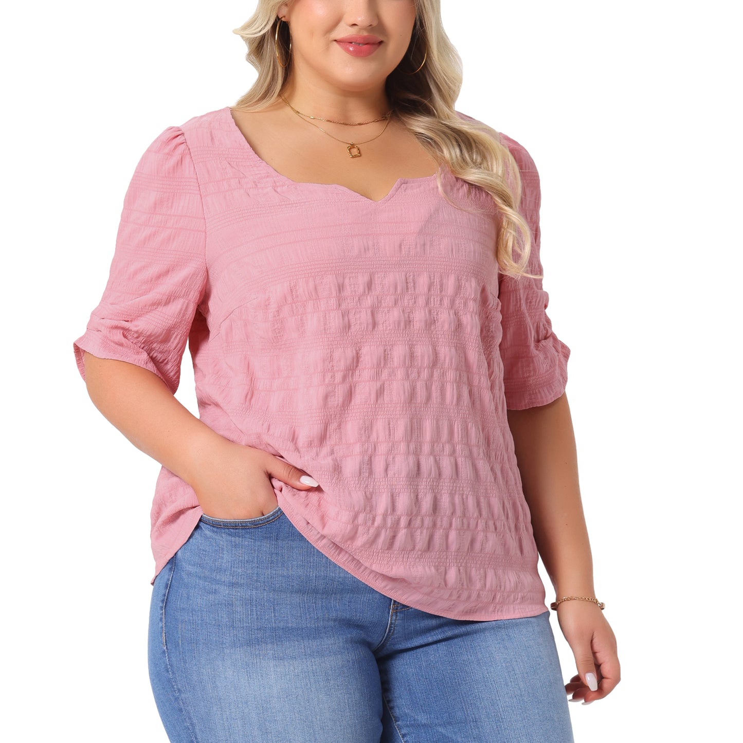 Women Plus Size Top Textured Notched V Neck Short Sleeve Summer Blouse