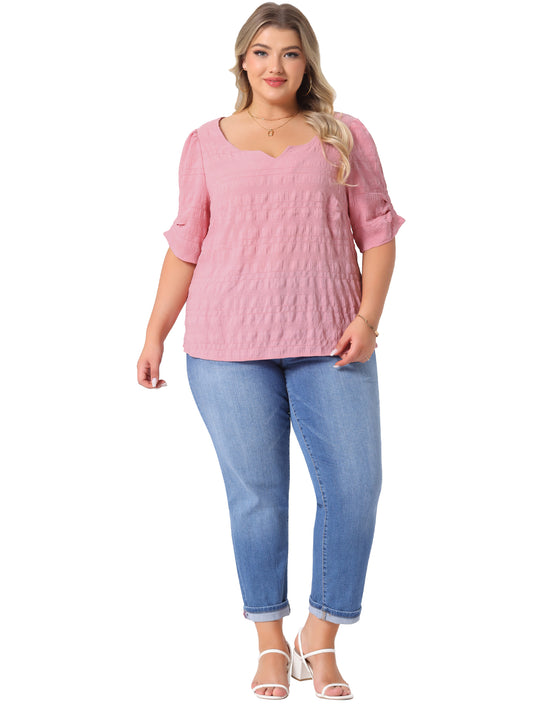 Women Plus Size Top Textured Notched V Neck Short Sleeve Summer Blouse