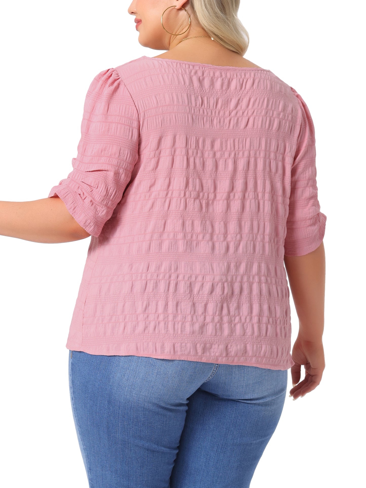 Women Plus Size Top Textured Notched V Neck Short Sleeve Summer Blouse