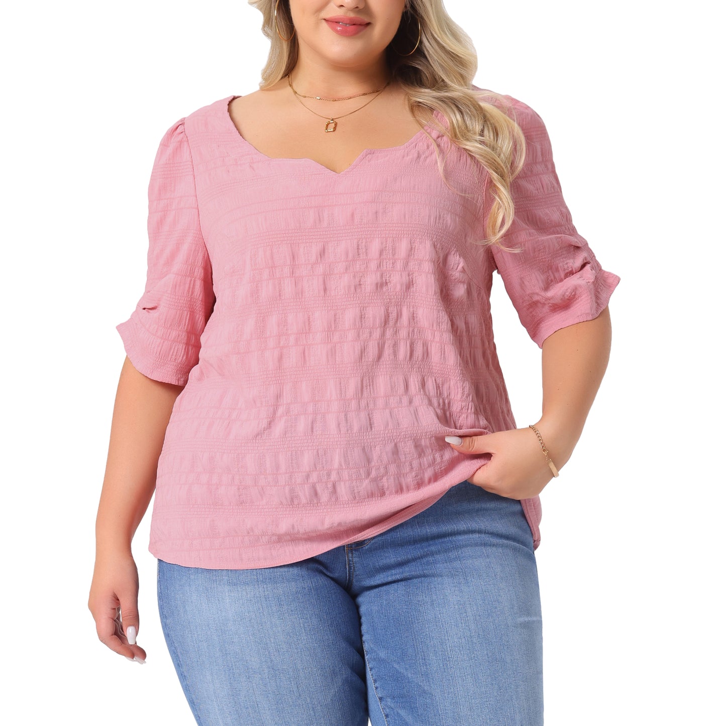 Women Plus Size Top Textured Notched V Neck Short Sleeve Summer Blouse