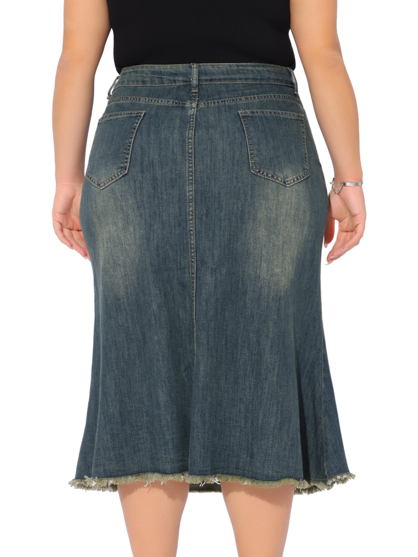 Women's Plus Size Denim Skirts Vintage High Waist A Line Fishtail Midi Jean Skirt with Pockets