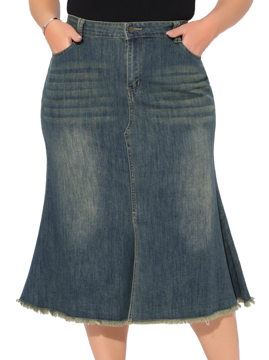 Women's Plus Size Denim Skirts Vintage High Waist A Line Fishtail Midi Jean Skirt with Pockets