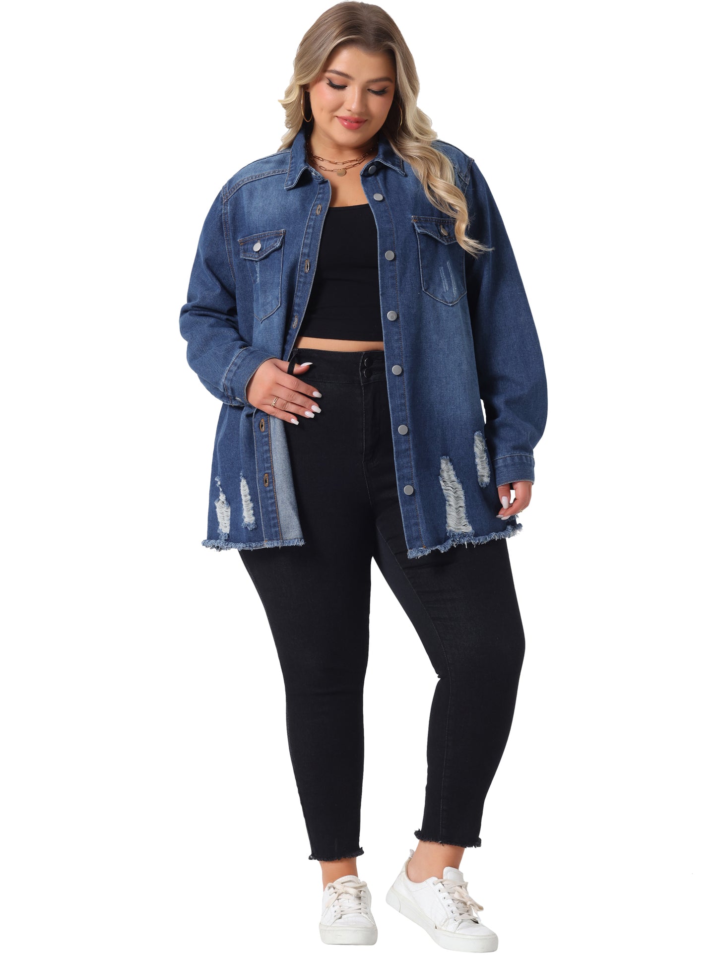 Women's Plus Size Button Denim Jackets Casual Long Relaxed Long Sleeve Shirt Jean Jacket