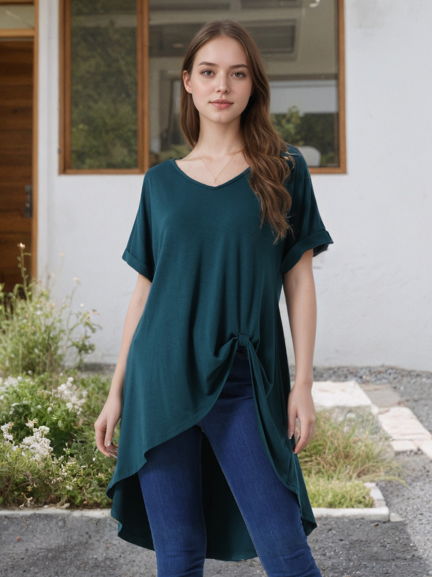 Women's Short Sleeve High Low Tops Waist Knot Asymmetrical Top V Neck Dressy Casual Blouse