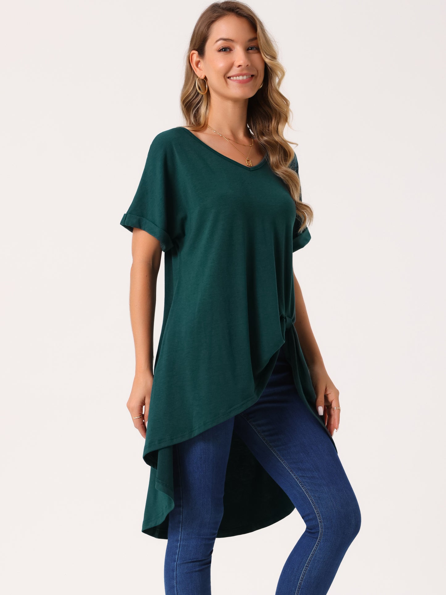 Women's Short Sleeve High Low Tops Waist Knot Asymmetrical Top V Neck Dressy Casual Blouse