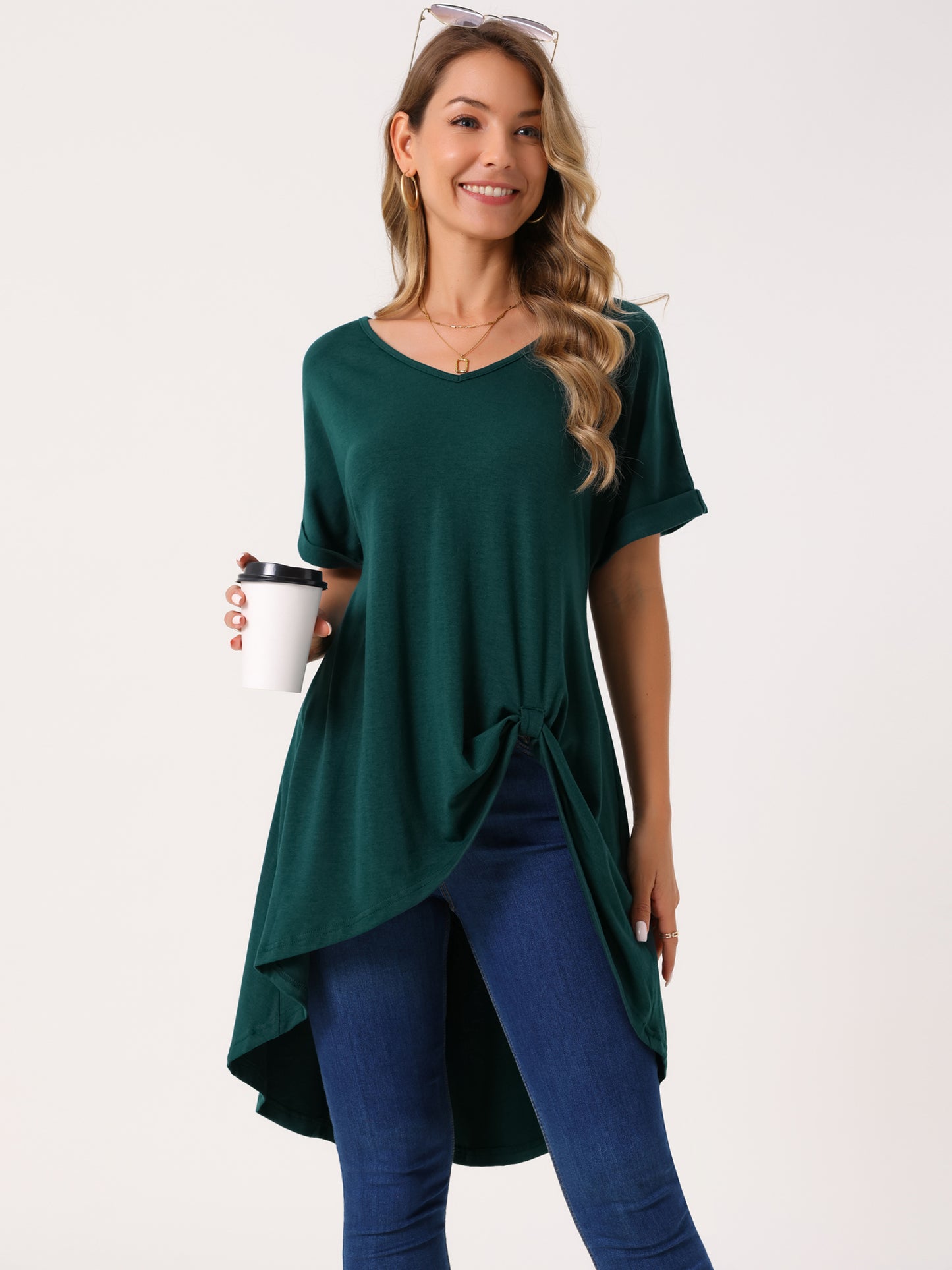 Women's Short Sleeve High Low Tops Waist Knot Asymmetrical Top V Neck Dressy Casual Blouse
