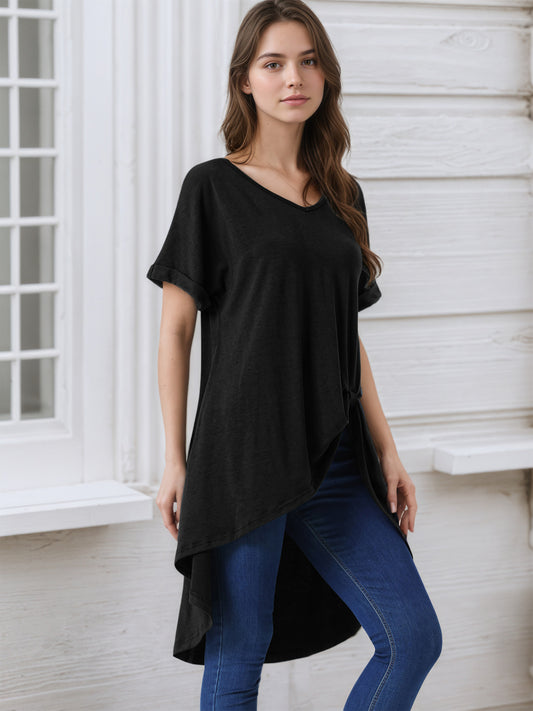 Women's Short Sleeve High Low Tops Waist Knot Asymmetrical Top V Neck Dressy Casual Blouse