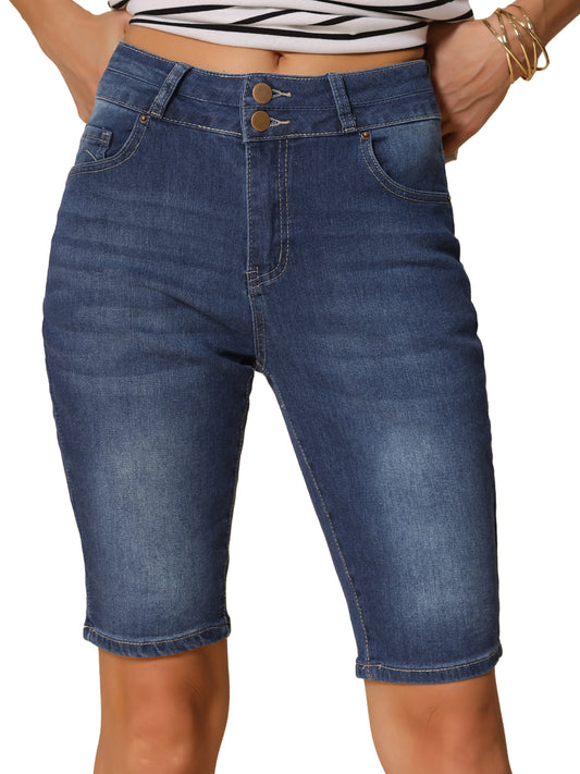 Women's Roll Cuff Button Down Denim Pants with Pockets Causal Shorts Jeans
