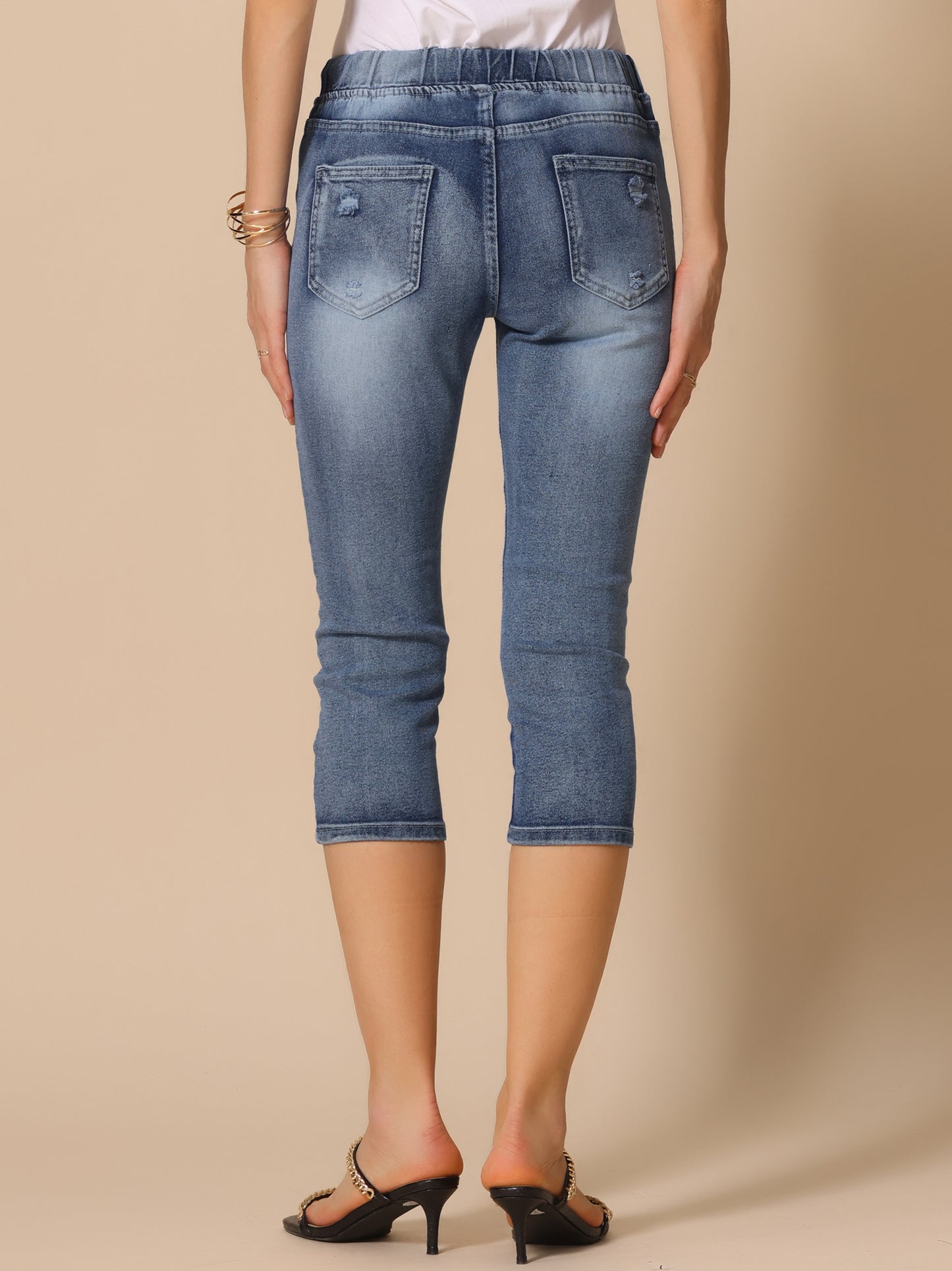 Pantalones capri de mezclilla para mujer, vaqueros ajustados con cintura elástica y cordón desgastado