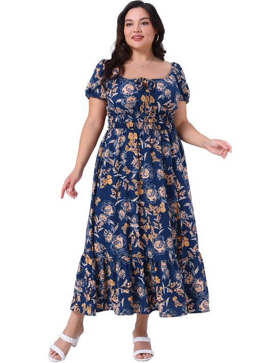 Women's Plus Size Dress Square Neck Floral Short Sleeve Side Slit A Line Maxi Floral Dress