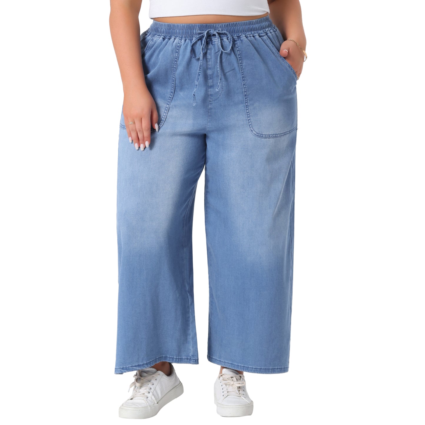 Women's Plus Size Wide Leg Jeans Chambray Elastic Waist Baggy Loose Fit Denim Pants with Pockets