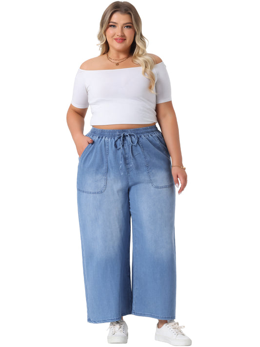 Women's Plus Size Wide Leg Jeans Chambray Elastic Waist Baggy Loose Fit Denim Pants with Pockets