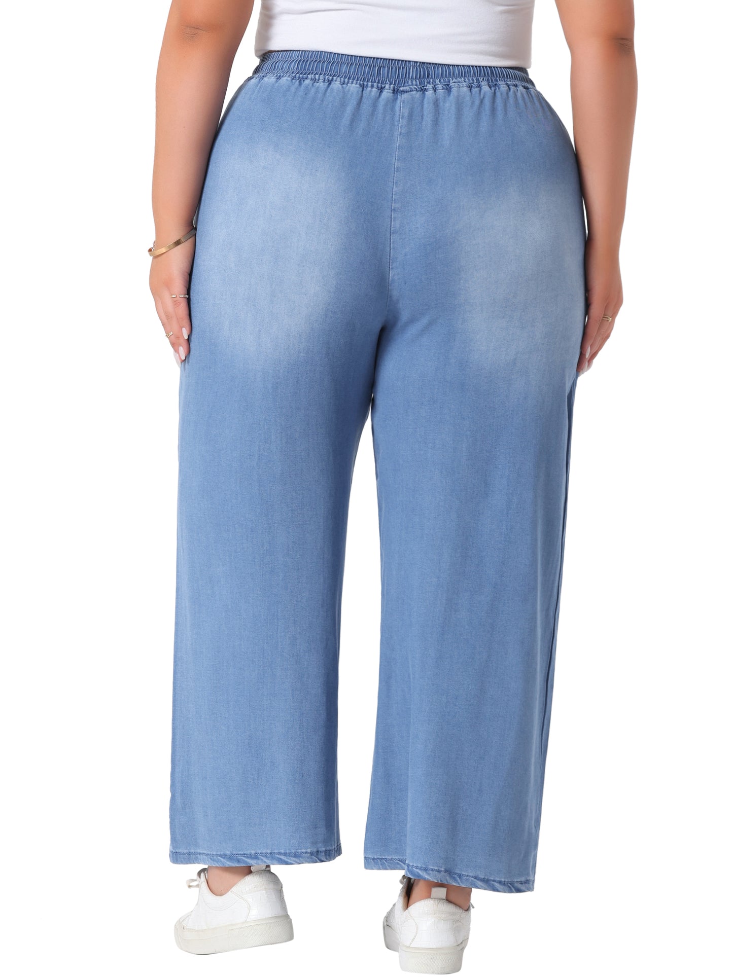 Women's Plus Size Wide Leg Jeans Chambray Elastic Waist Baggy Loose Fit Denim Pants with Pockets