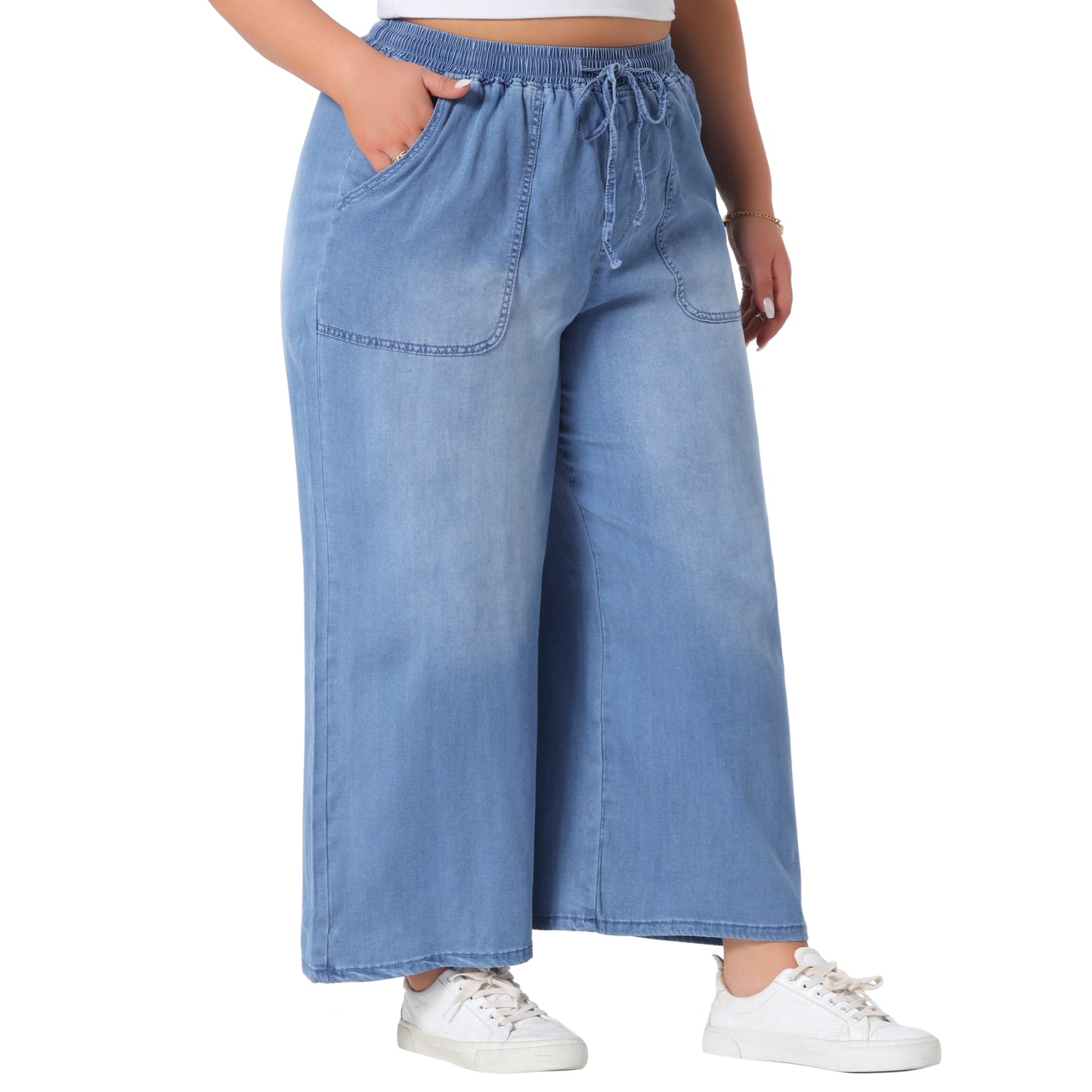 Women's Plus Size Wide Leg Jeans Chambray Elastic Waist Baggy Loose Fit Denim Pants with Pockets