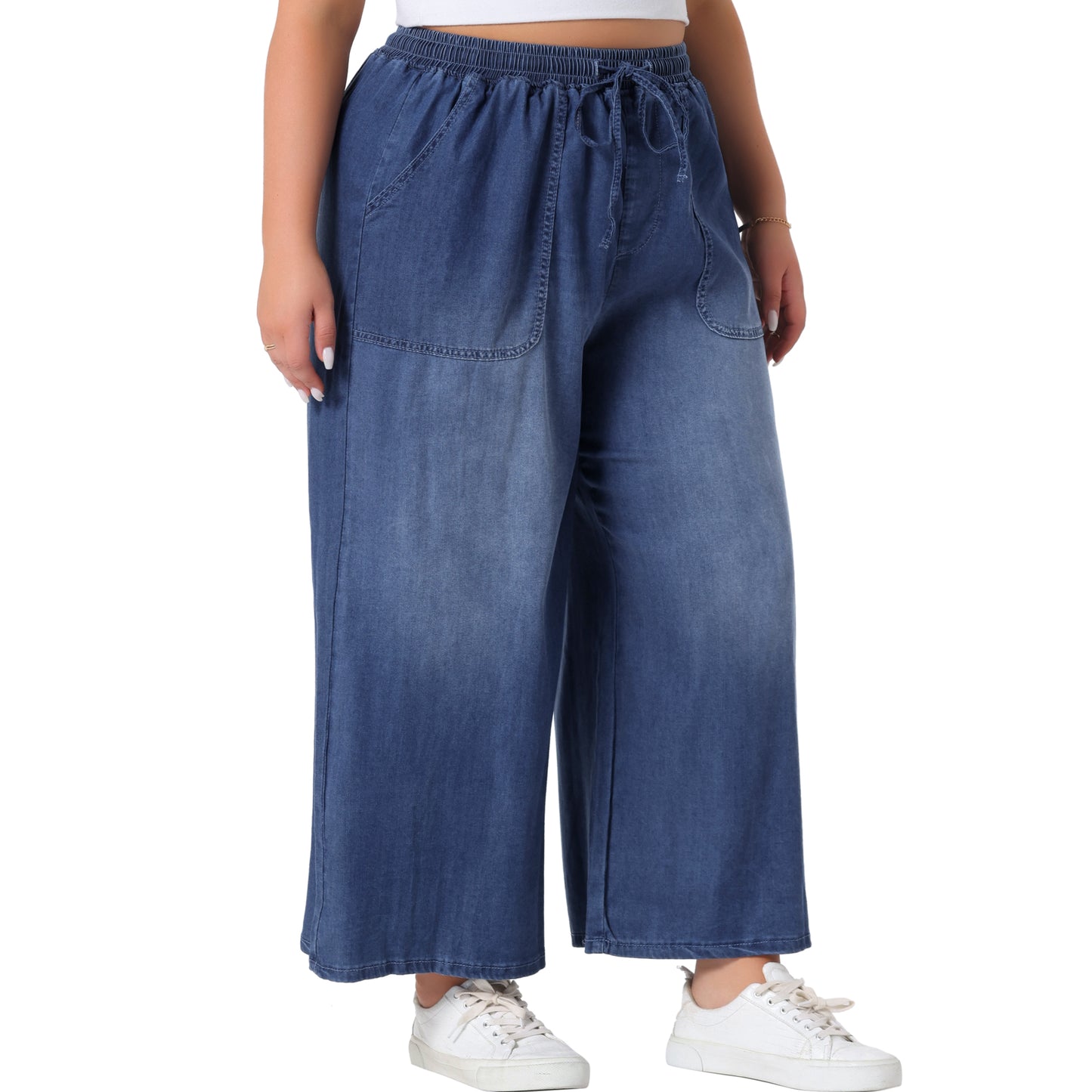 Women's Plus Size Wide Leg Jeans Chambray Elastic Waist Baggy Loose Fit Denim Pants with Pockets