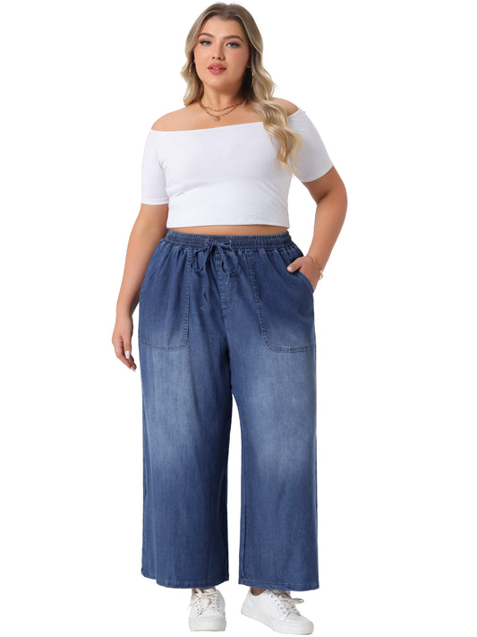 Women's Plus Size Wide Leg Jeans Chambray Elastic Waist Baggy Loose Fit Denim Pants with Pockets
