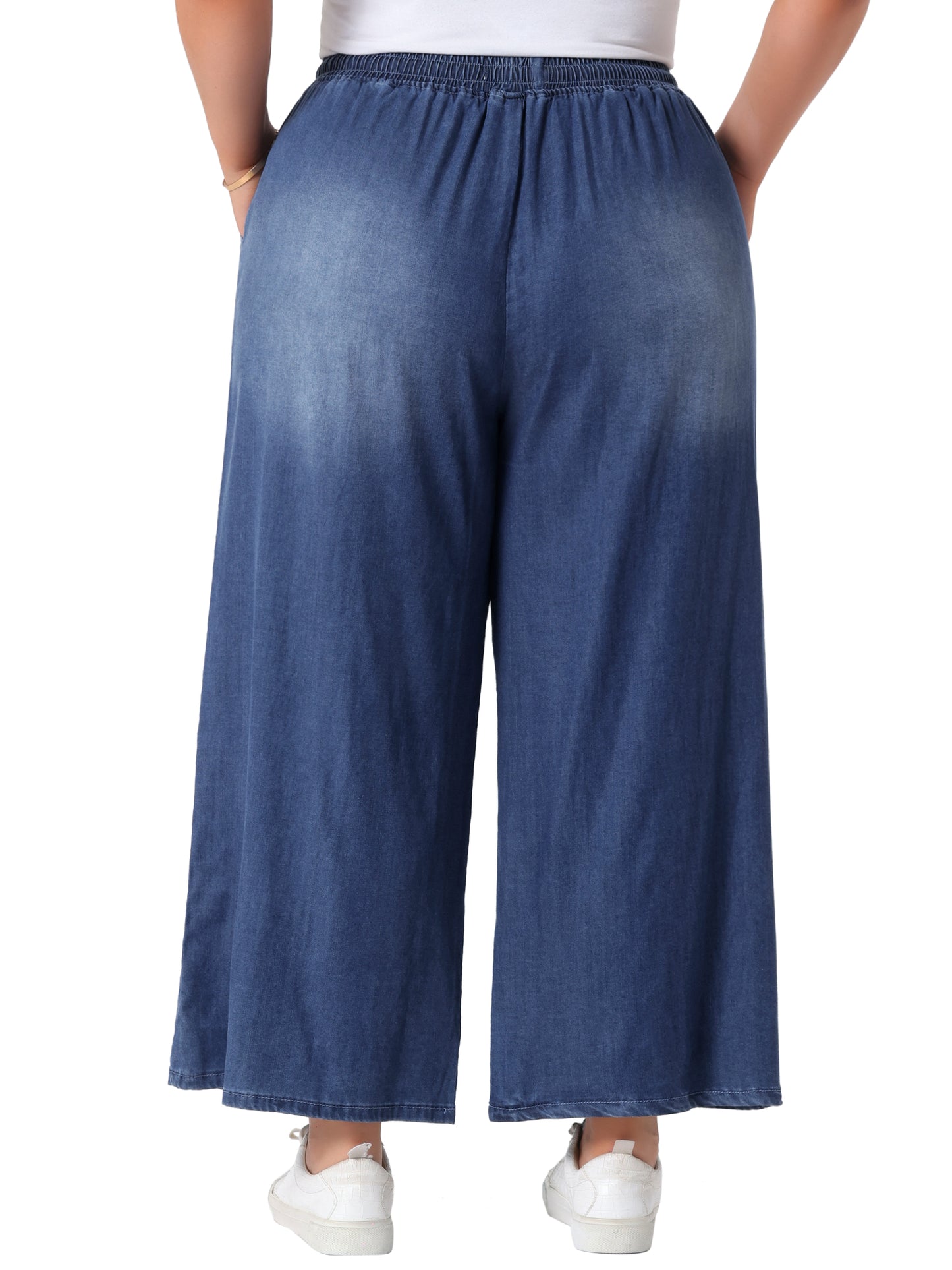 Women's Plus Size Wide Leg Jeans Chambray Elastic Waist Baggy Loose Fit Denim Pants with Pockets