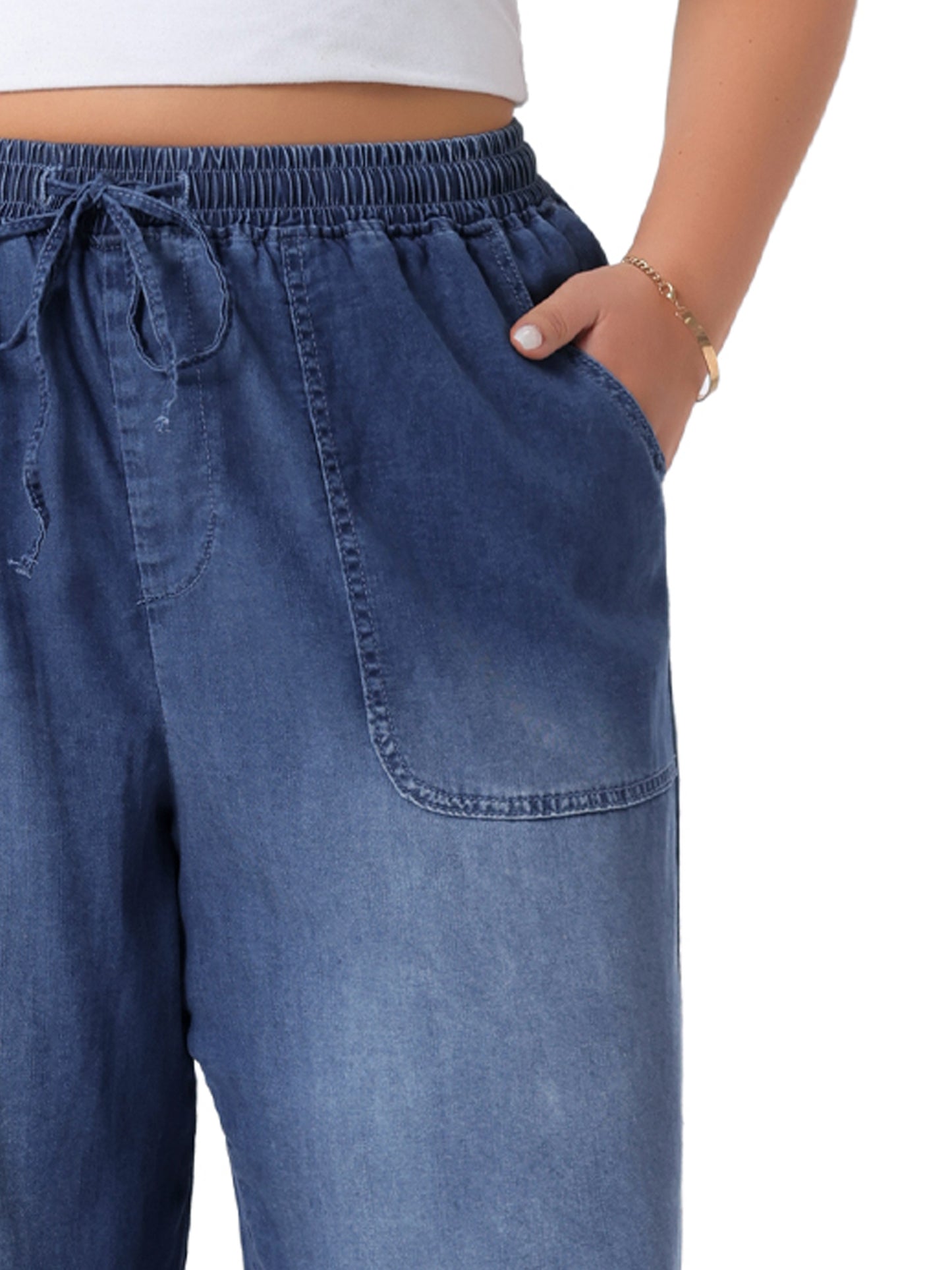 Women's Plus Size Wide Leg Jeans Chambray Elastic Waist Baggy Loose Fit Denim Pants with Pockets
