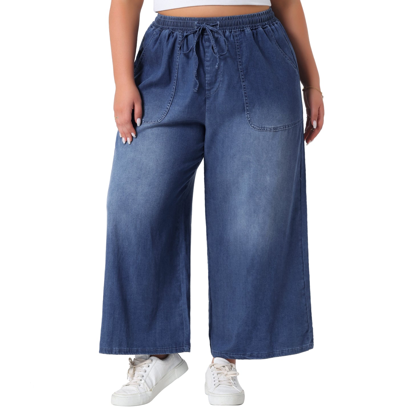 Women's Plus Size Wide Leg Jeans Chambray Elastic Waist Baggy Loose Fit Denim Pants with Pockets