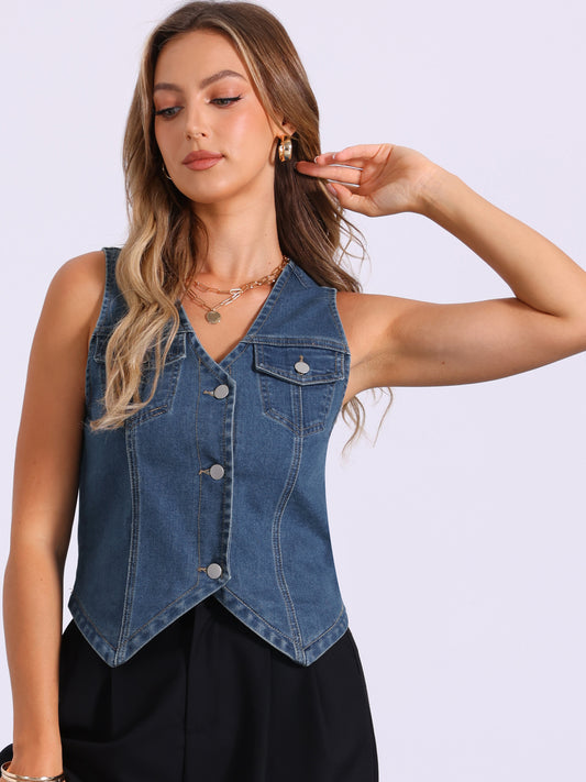 Women's Denim Vest Jacket Sleeveless V Neck Button Down Casual Jean with Pockets Top