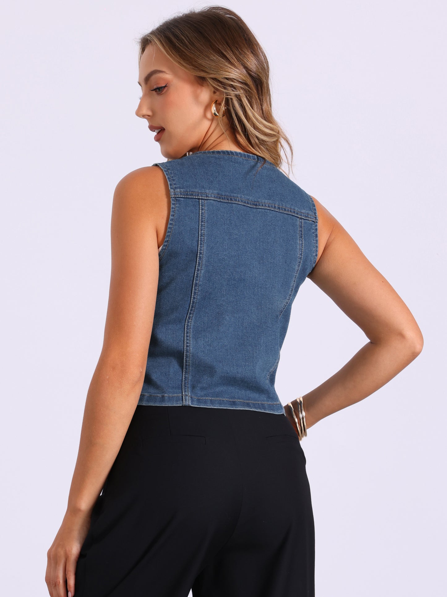 Women's Denim Vest Jacket Sleeveless V Neck Button Down Casual Jean with Pockets Top