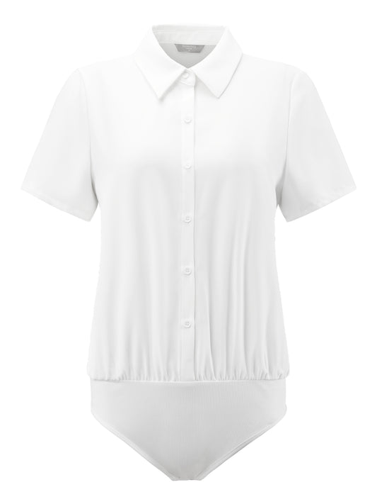 Women's Button Up Bodysuit Short Sleeve Collar Business Work Solid Leotard Shirt Top
