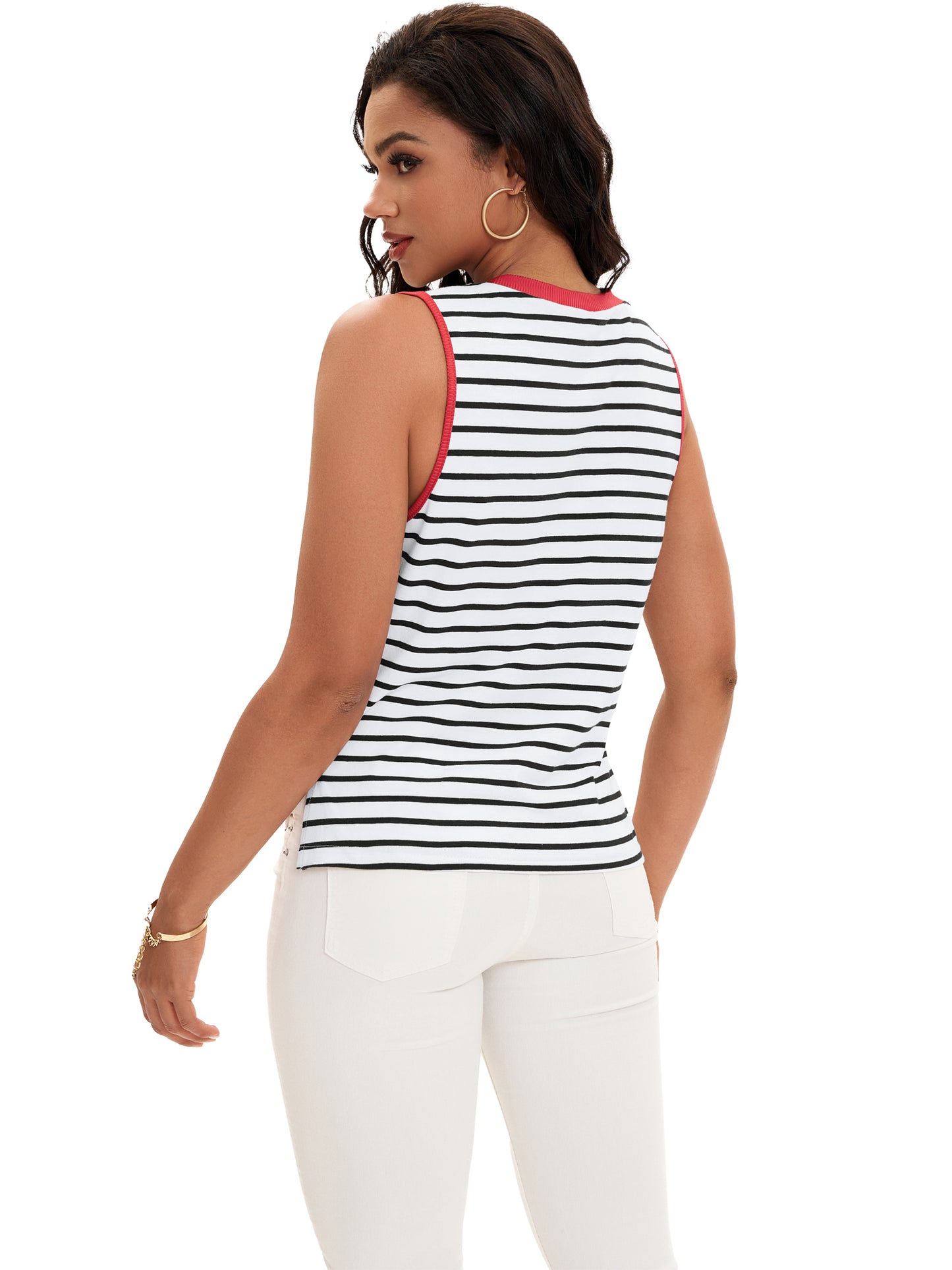 Camisola de verano para mujer, con cuello redondo, rayas y bloques de colores, sin mangas, holgada, con abertura lateral
