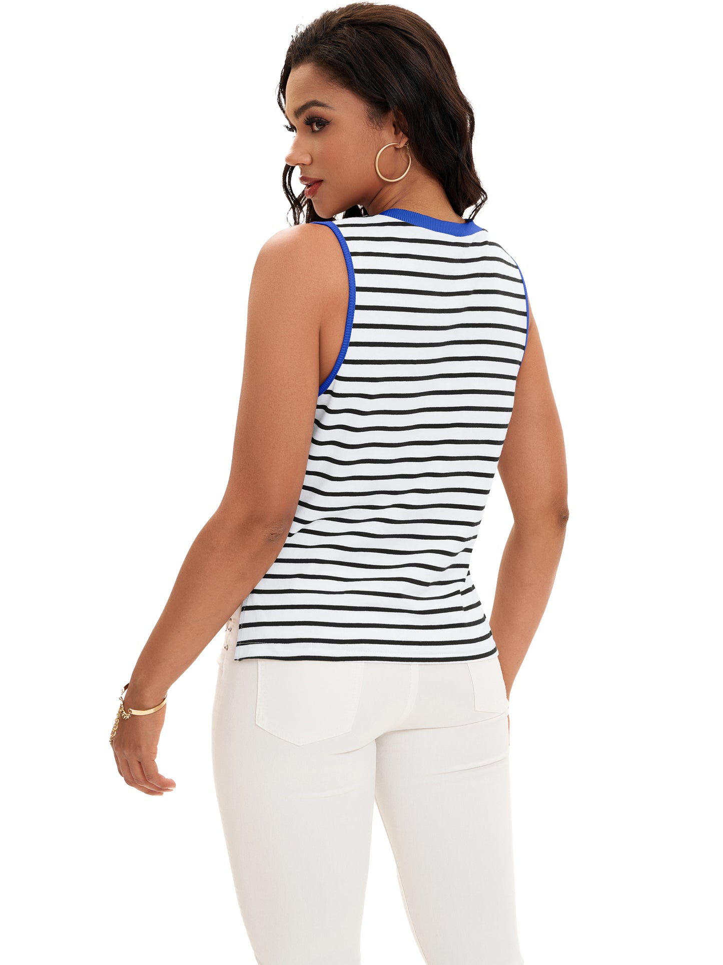 Camisola de verano para mujer, con cuello redondo, rayas y bloques de colores, sin mangas, holgada, con abertura lateral