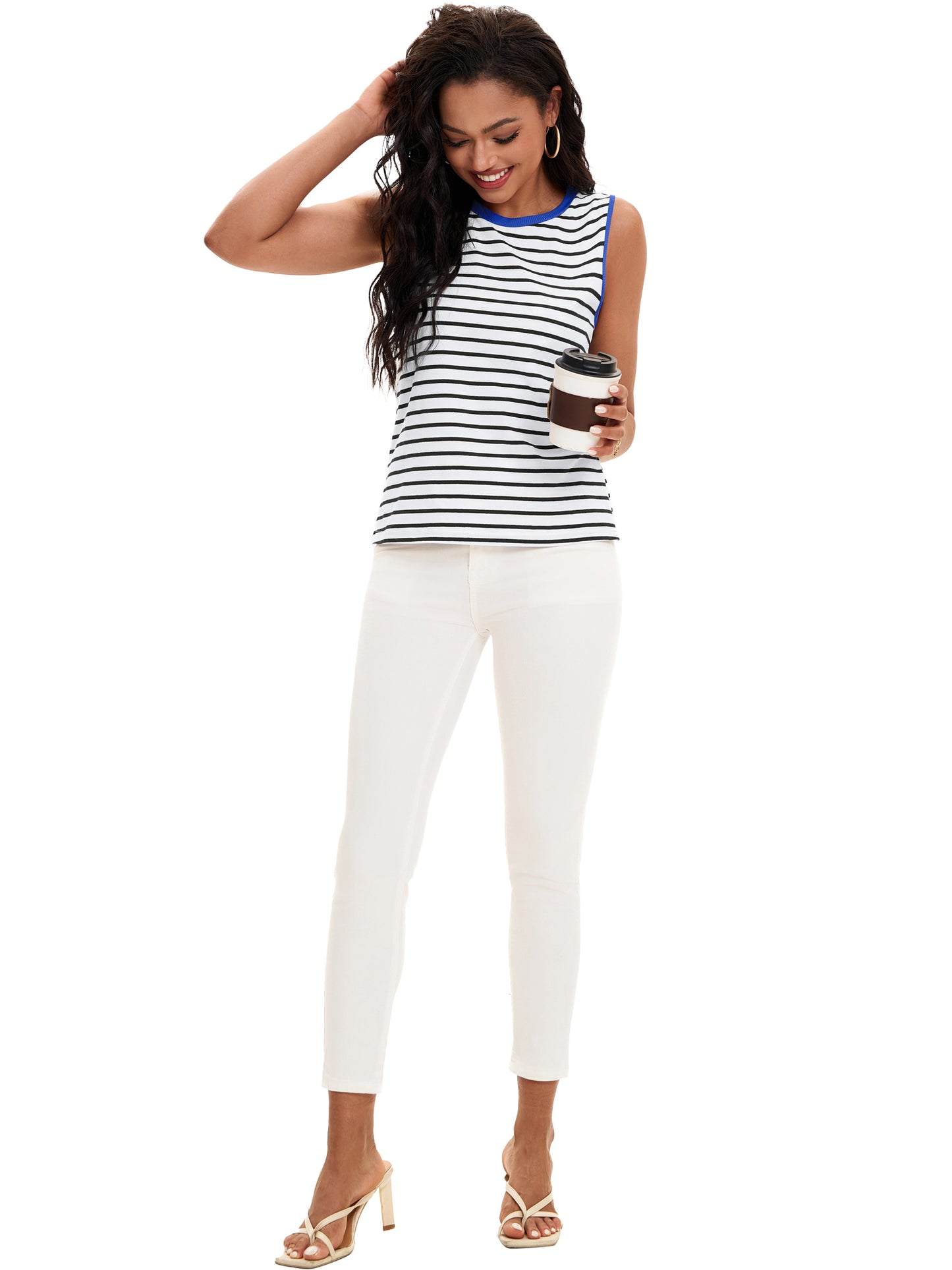 Camisola de verano para mujer, con cuello redondo, rayas y bloques de colores, sin mangas, holgada, con abertura lateral