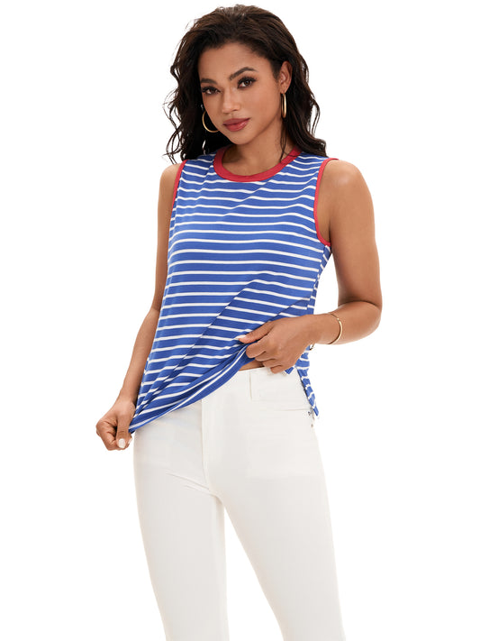 Women Summer Color Block Striped Crewneck Camisole Top Sleeveless Flowy Side Slit Tank Top