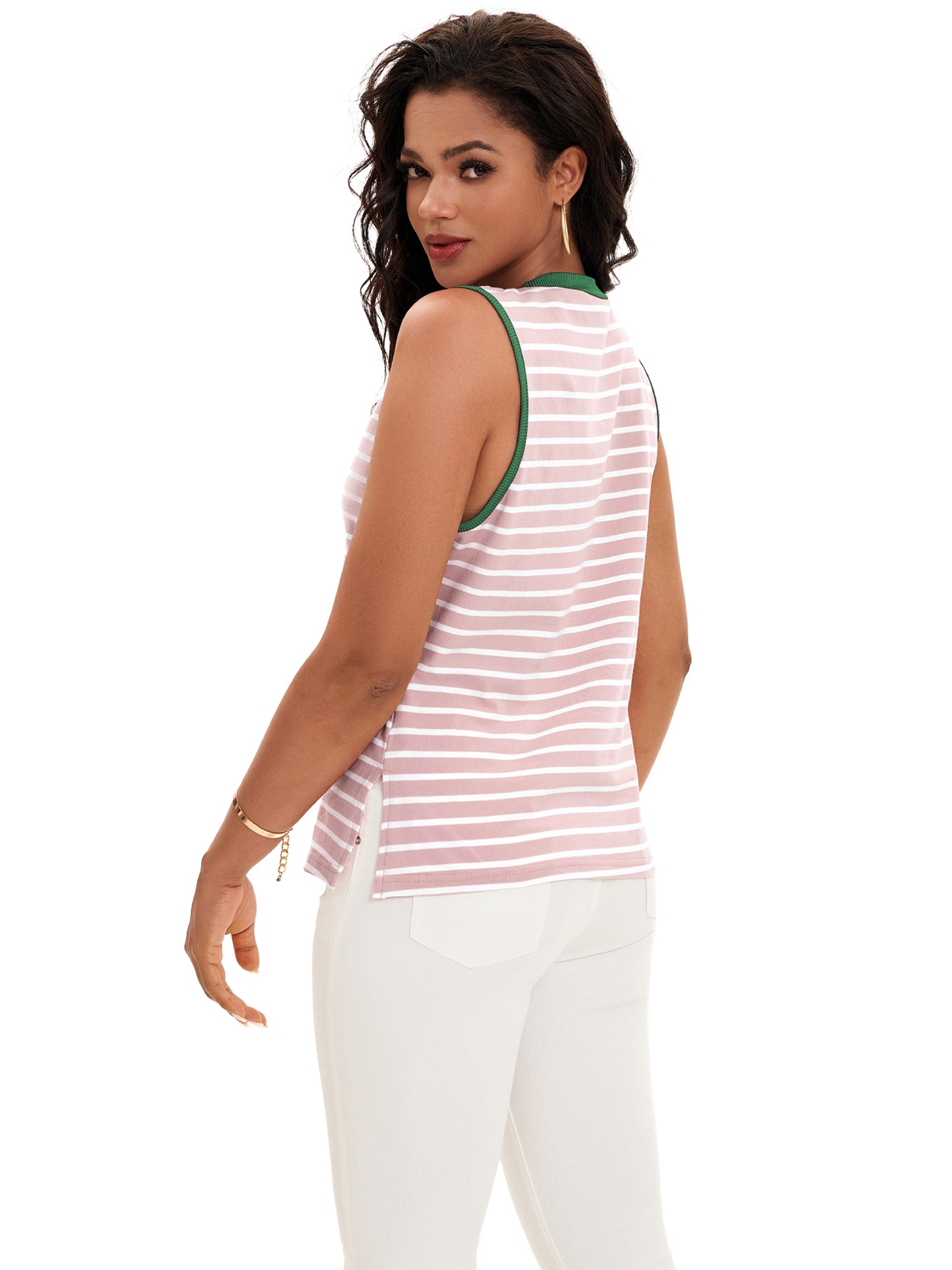 Camisola de verano para mujer, con cuello redondo, rayas y bloques de colores, sin mangas, holgada, con abertura lateral