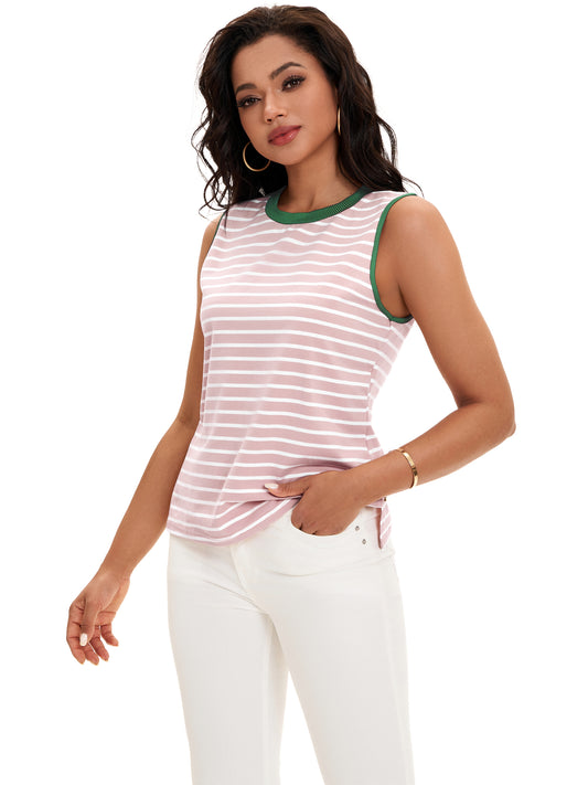 Camisola de verano para mujer, con cuello redondo, rayas y bloques de colores, sin mangas, holgada, con abertura lateral