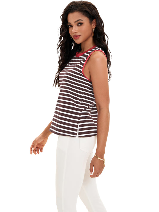 Camisola de verano para mujer, con cuello redondo, rayas y bloques de colores, sin mangas, holgada, con abertura lateral