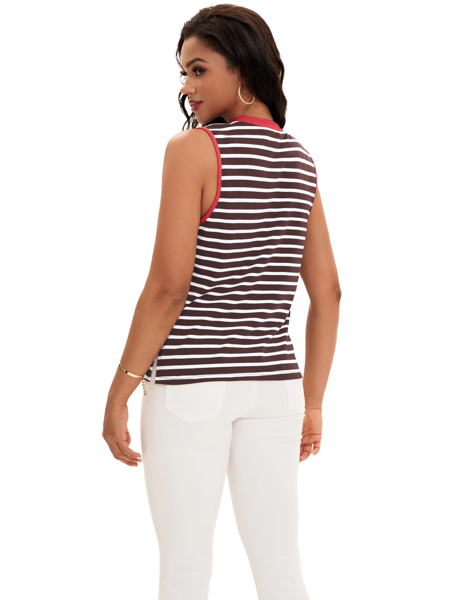 Camisola de verano para mujer, con cuello redondo, rayas y bloques de colores, sin mangas, holgada, con abertura lateral