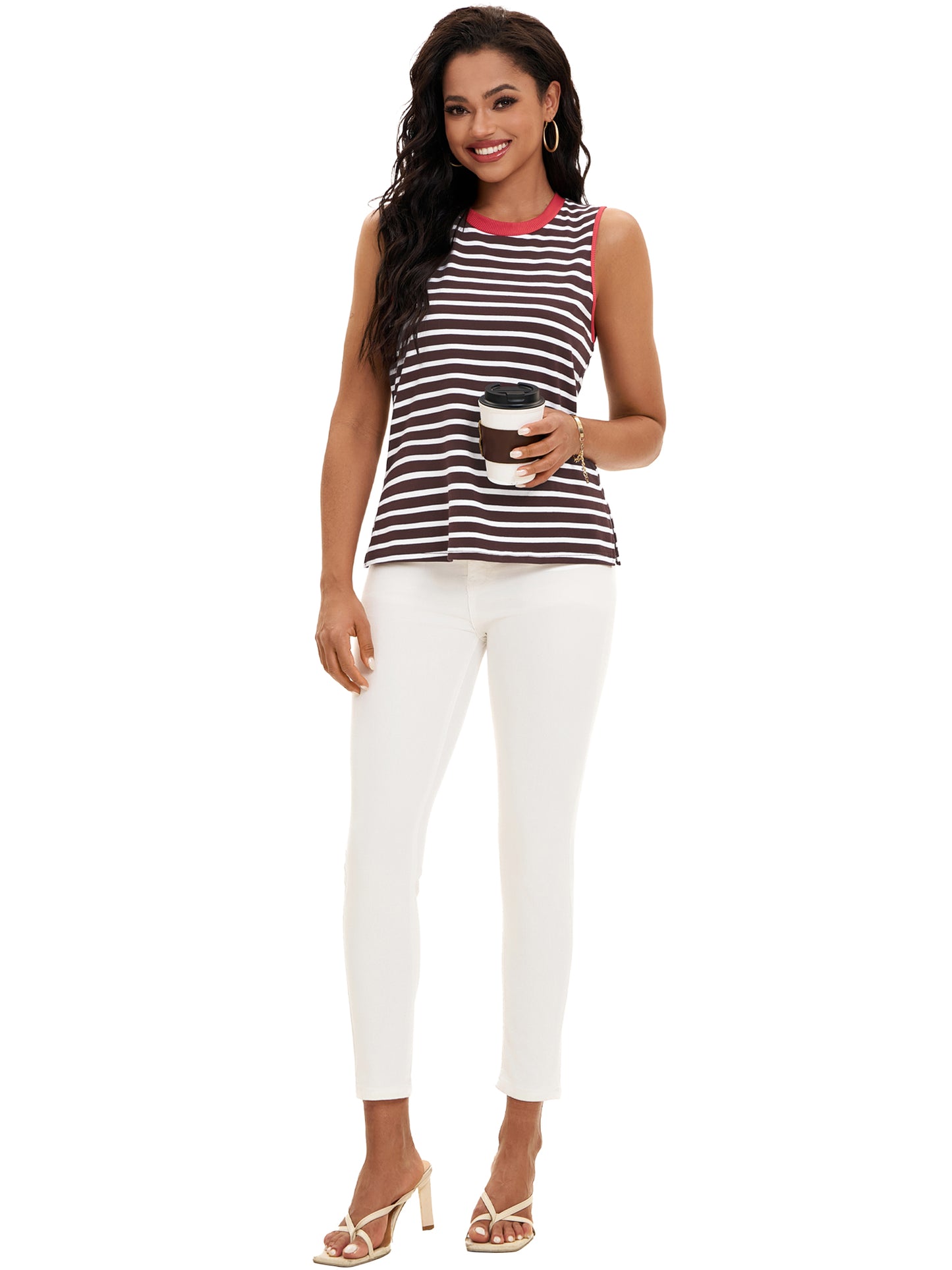 Camisola de verano para mujer, con cuello redondo, rayas y bloques de colores, sin mangas, holgada, con abertura lateral
