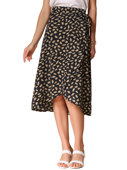 Women's Tie Front Split Floral Printed Wrap Midi Skirt